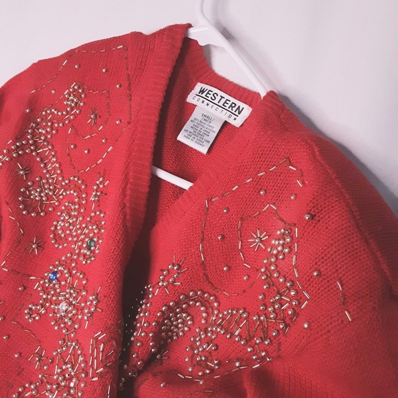 Western Connections Sweater Festive V-Neck Red With Beads Rhinestones Small - Picture 7 of 9